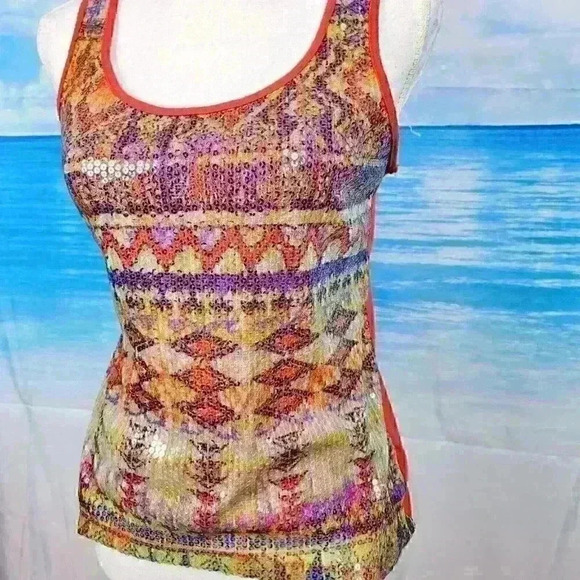 BONGO Tank Top RED SEQUIN Southwestern Shirt Racerback STRETCH Lightweight Med - Picture 4 of 6